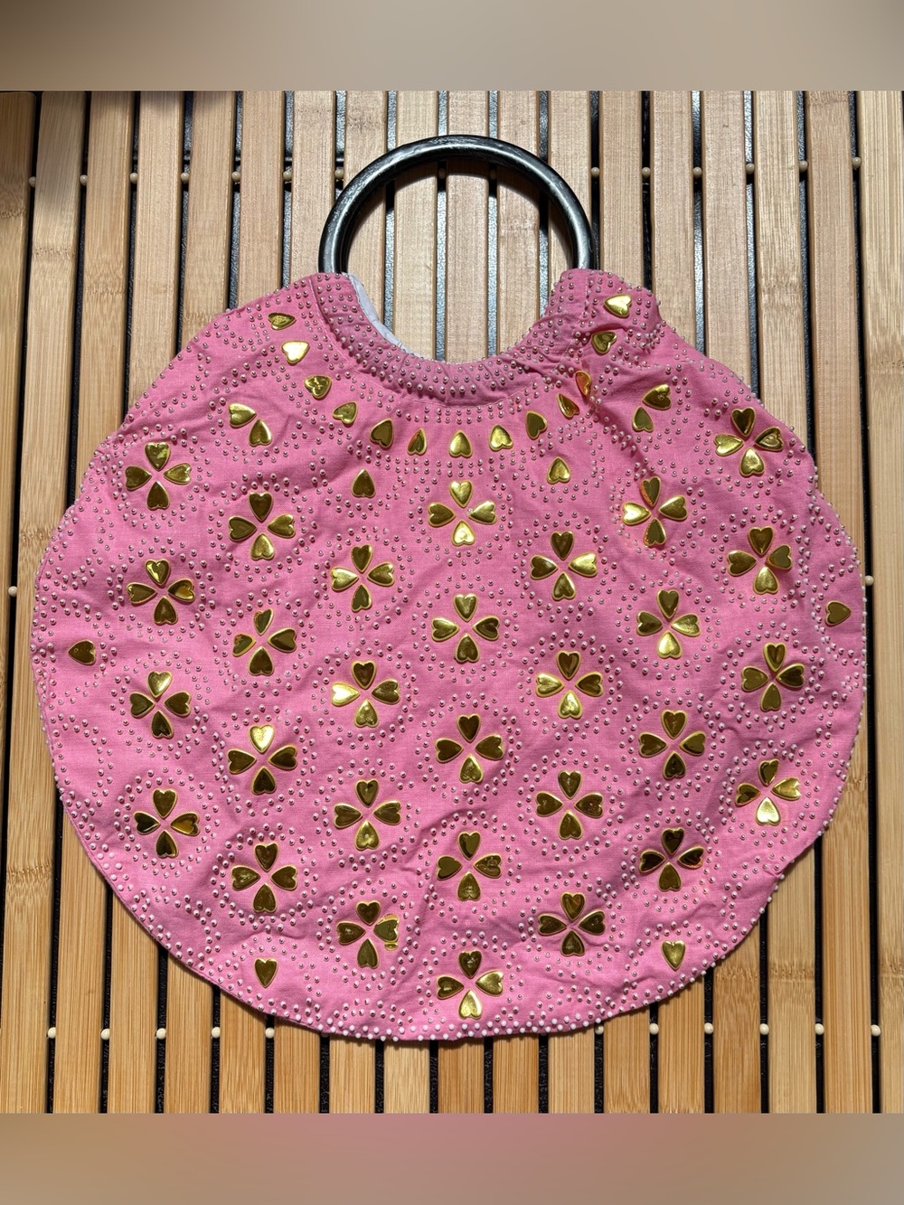 Pink Round Tote Bag with Gold Heart Accents